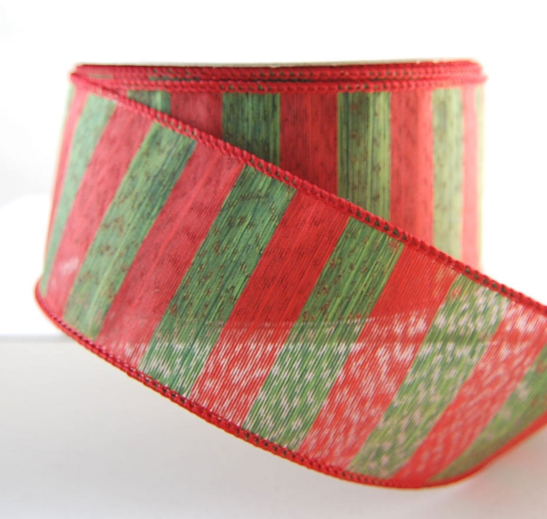 Wire Edged Seville Green and Dark Red Striped Christmas Ribbon 2 1/2" - 25 Yards