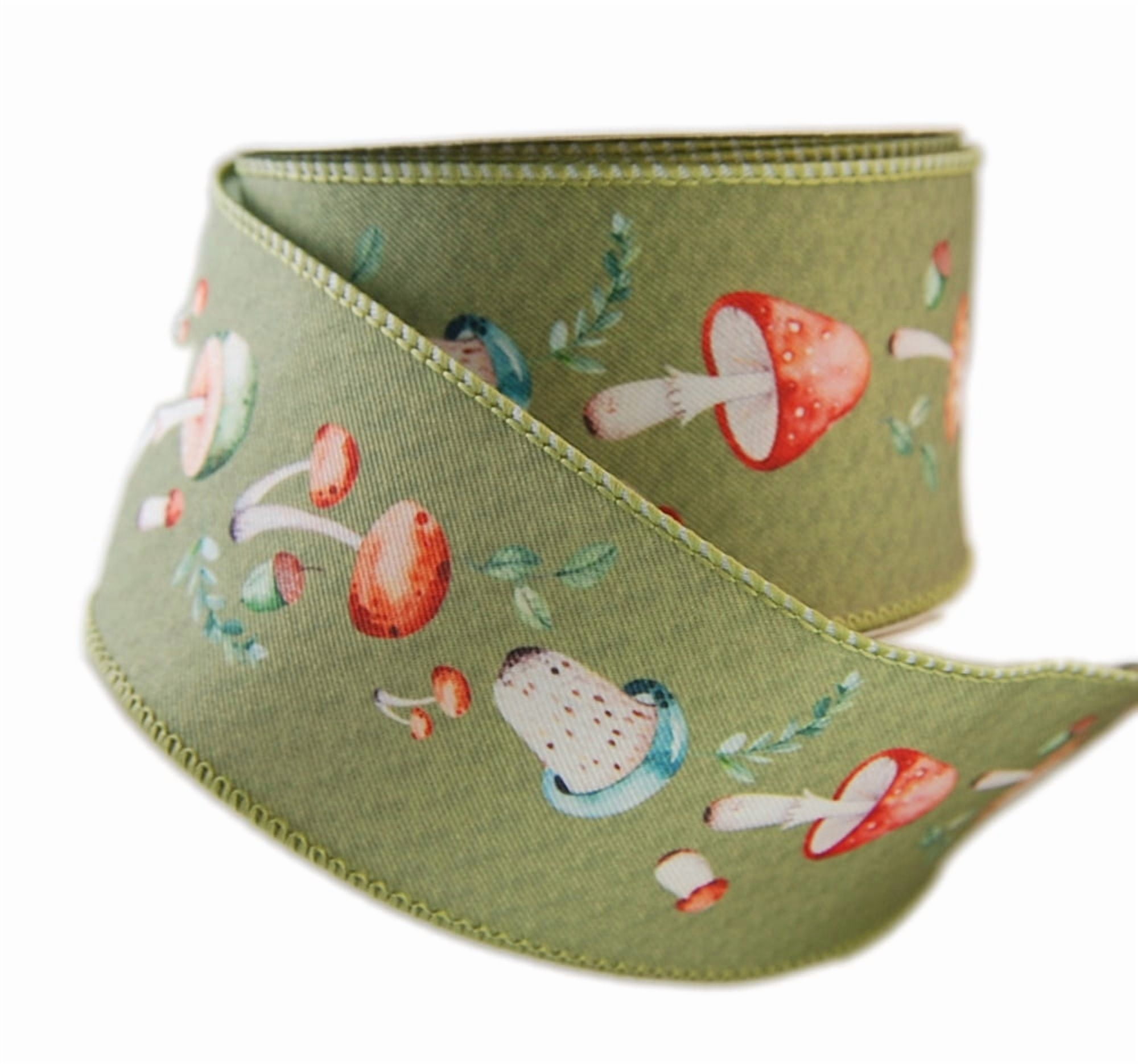Wire Edged Toady Sage Fun Mushroom Green Sage Ribbon 2 1/2" - 10 Yards