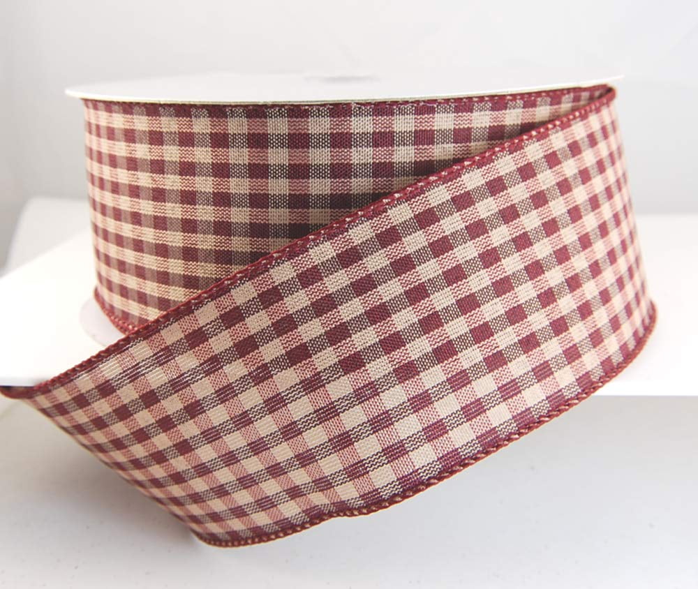 Wire Edged Value 444 Burgundy and Cream Checked Christmas Ribbon 2 1/2" 50 Yards …