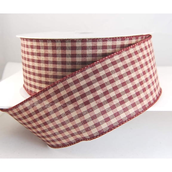 Wire Edged Value 444 Burgundy and Cream Checked Christmas Ribbon 2 1/2" 50 Yards