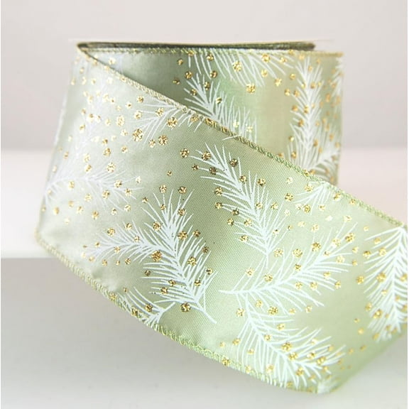 Wire Edged Wynde Sage Satin White and Gold Christmas Ribbon 2 1/2"" - 10 Yards, Green,White,Gold
