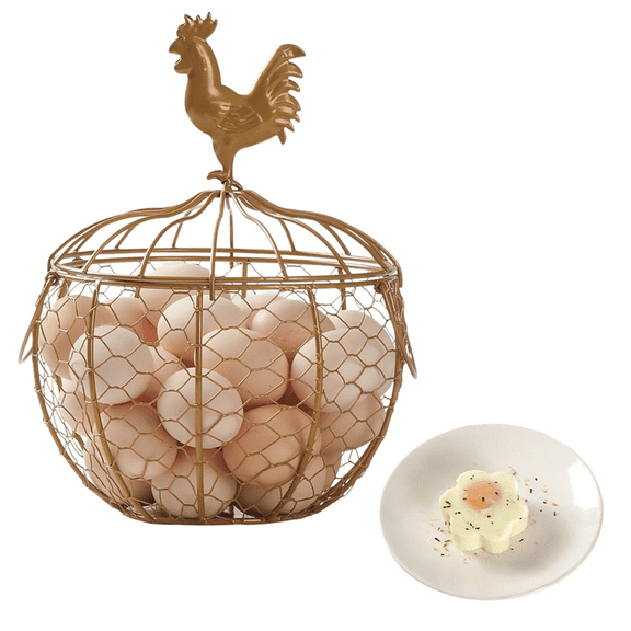 Wire Egg Basket for Gathering Fresh Eggs, Metal Chicken Egg Collecting Basket with Handle, Egg Holder for Countertop,1 x egg holder for counter,Gold