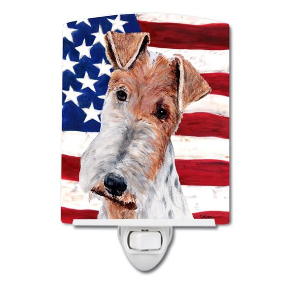 Wire Fox Terrier Ceramic Night Light - American Flag USA - 6in. x 4in. - UL Approved