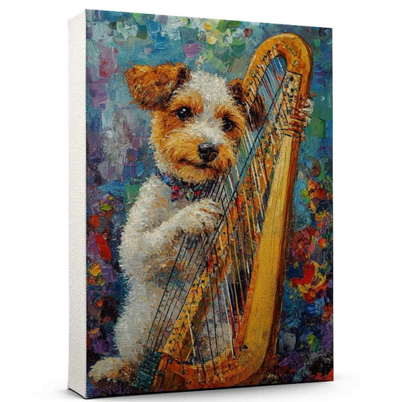 Wire Fox Terrier Dog Harp Stretched Canvas Size 8x12 – Funny Wire Fox Terrier Dog Playing Harp Canvas Wall Art for Music Lovers, Pet Lovers, Home Decor