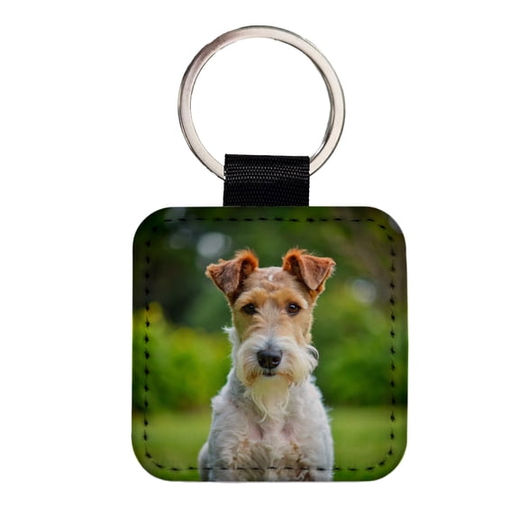 Wire Fox Terrier Dog Photo Faux Leather Square Keychain