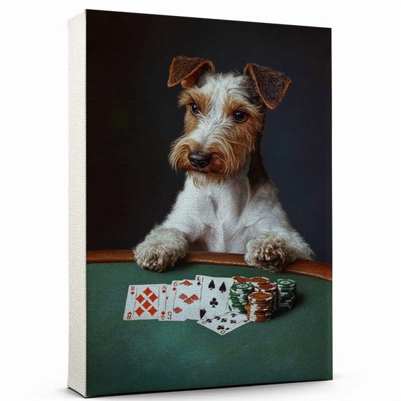 Wire Fox Terrier Dog Poker Art Stretched Canvas Size 8x12 – Wire Fox Terrier Dog Playing Poker Wall Art, Dog Lover Canvas, Sports Theme Decor for Living Room