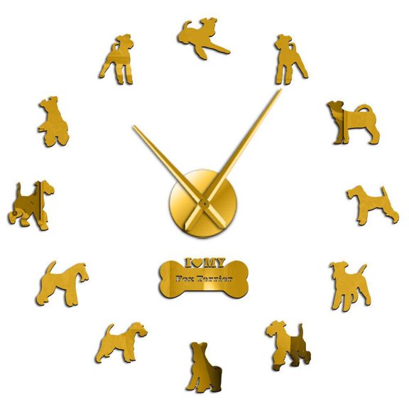Wire Fox Terrier Dog Silent Quartz DIY Wall Clock Doggie Silhouette Gift For Dog Lovers Mirror Surface Clock Watch Pet Shop Deco(Gold,47inch)