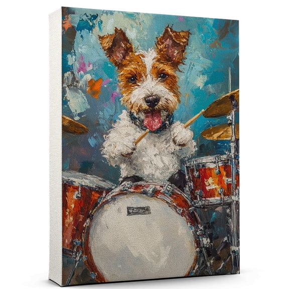 Wire Fox Terrier Dog Stretched Canvas Size 8x12 Drum Kit Canvas – Cute Wire Fox Terrier Canvas Wall Art of Puppy Playing Drum Kit, Perfect for Dog and Music Fans