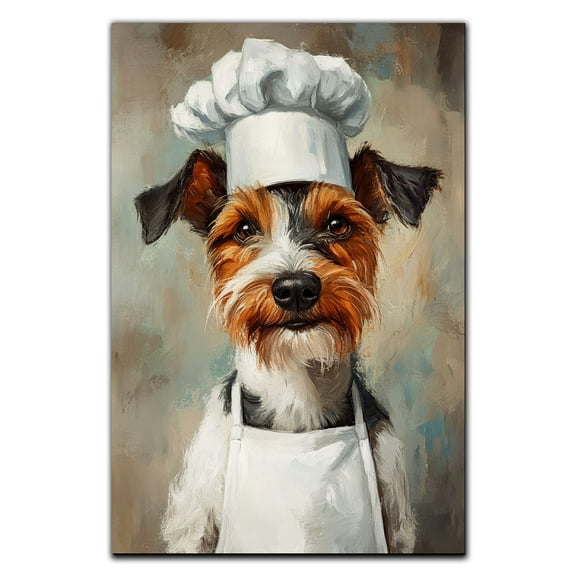 Wire Fox Terrier Dog Wall Art Poster - Funny Chef Theme, Kitchen Animal Pictures Wall Decor For Dining Room, Funny Animal Dog Chef Cooking Artwork For Wall Decor 587CA201