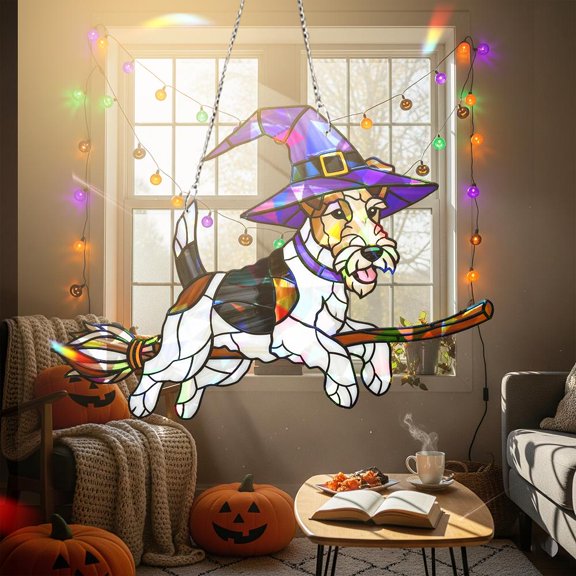 Wire Fox Terrier Witch Acrylic Suncatcher, 2D Flat Window Hanging Decor, Halloween Home Decor