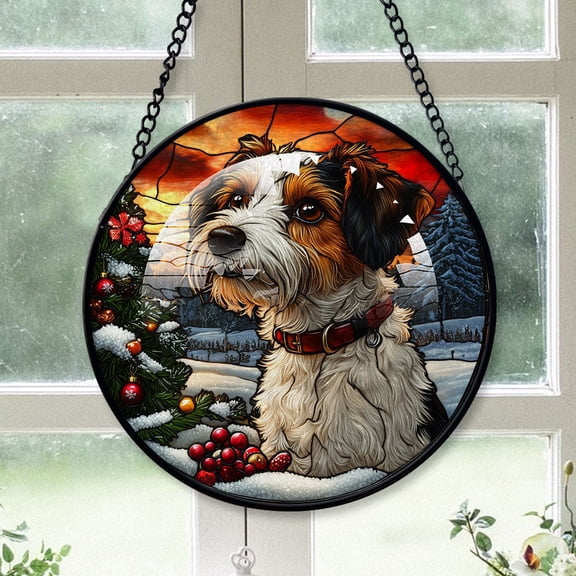 Wire Fox Terrier Xmas Dog Ornament Christmas 2025 - Wire Fox Terrier Dog Christmas Stained Glass SunCatcher for Window, Dog, Christmas Hanging, Xmas Decor,