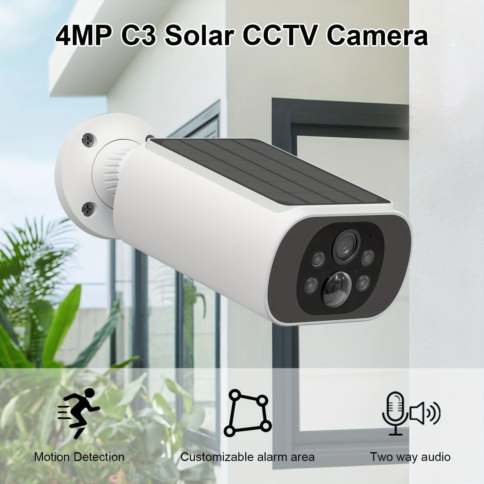 Wire-Free Outdoor Security Camera with Solar Panel, 2-Way Audio, PIR Human Detection, Color Night Vision, Siren, IP65 Weatherproof, SD/Cloud Storage