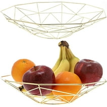 Wire Fruit Basket - 2-Piece Decorative Fruit Bowl with Geometric Design, Metallic Gold Modern Style Countertop Centerpiece, 11.2 x 11.9 x 2.6 inches
