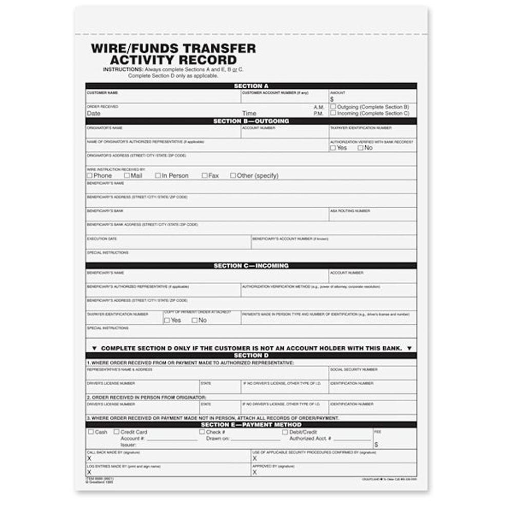 BankSupplies Wire/Funds Transfer Act - 2-Part form Banking, Money Handling