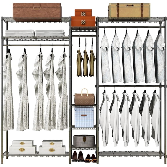 Wire Garment Rack,  Clothing Rack with 4  Rods and 9 Shelves, Freestanding Open Wardrobe Organizer for  Clothes , 68.5"L x 16.5"W x 76.7"H  Load 800LBS, Black