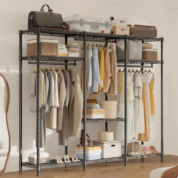Wire Garment Rack,Heavy Duty 790 lbs Closet Organizer with 3 Rods & 9 Shelves, Freestanding Portable Clothes Rack,Adjustable & Space-Saving,Black