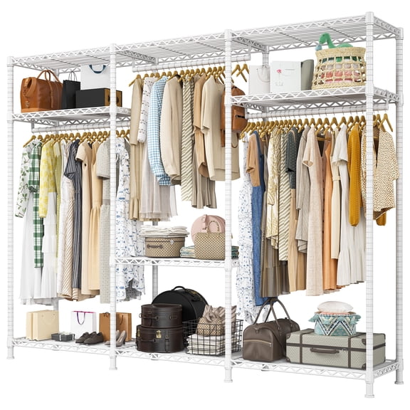 melmine Wire Garment Rack,Heavy Duty 795 lbs Closet Organizer with 3 Rods & 9 Shelves, Freestanding Portable Clothes Rack,Adjustable & Space-Saving,White