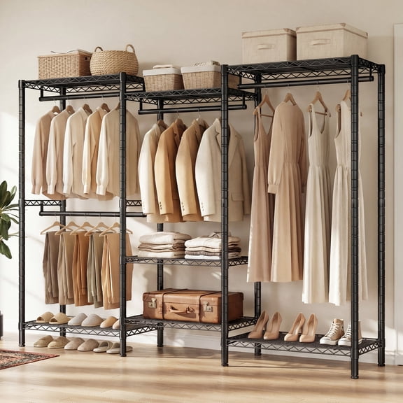 Wire Garment Rack,Heavy Duty 910 lbs Closet Organizer with 4 Rods & 7 Shelves, Adjustable Freestanding Metal Clothes Rack 70.5"W x 16.2"D x 77.2"H,Black
