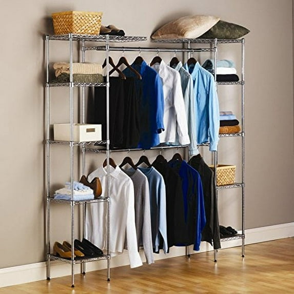 Wire Garment Racks for Hanging Clothes, Heavy Duty Clothing Rack with 10 Shelves, Metal Clothes Racks for Hanging Clothes with 2 Expandable Hanger Rods, 8 Hooks, 85"W x 13.8"D x 71.7"H