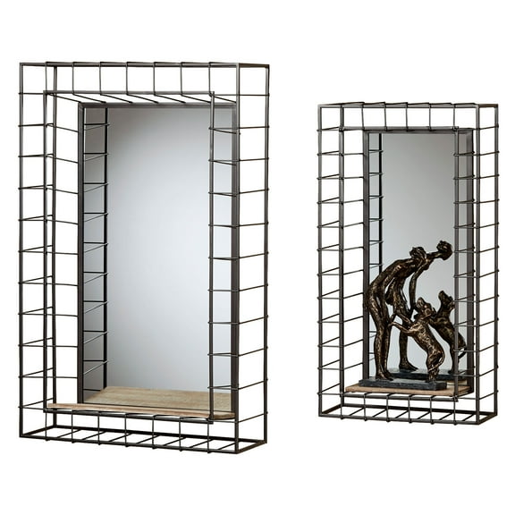 Wire Grid Industrial Mirrored Wall Shelves Set of Two Set of 2