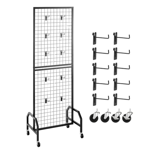 Wire Grid Panel Display Rack, 1.9x5.4ft - Black Metal Gridwall with Wheels & Hooks