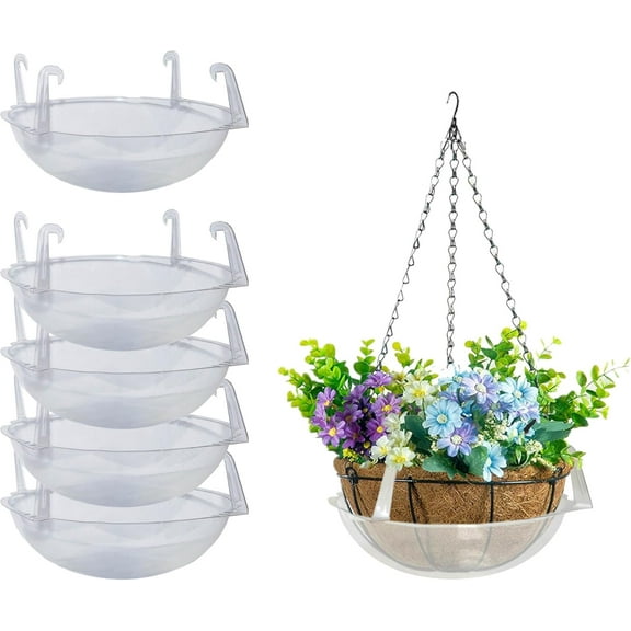 Wire Hanging Basket Drip Pans (5-Pack) | Clear, Round (12” - 14" Top, 3.75" Depth) Hanging Plant Tray Saucer with Built-in & Water Catcher for Indoor & Outdoor