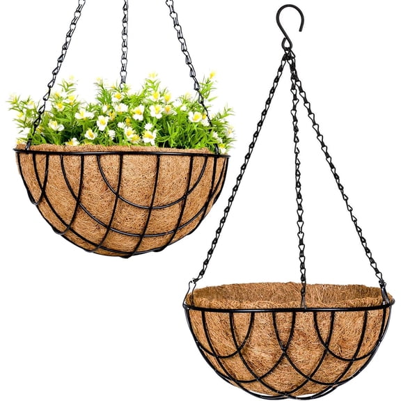 Wire Hanging Planter Basket for Plants Outdoor with Coco Liner - 12 Inch Grid Pattern Pot Indoor Garden Decor Plant Holder Container, 2 Pack