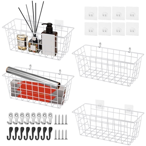 4 Pack No-Drill Wall Mounted Baskets - Rustproof Steel Storage Organizer, Wall Hanging for Organization for Cabinet, Kitchen, Bathroom & Pantry - Space-Saving & Damage-Free Mounting