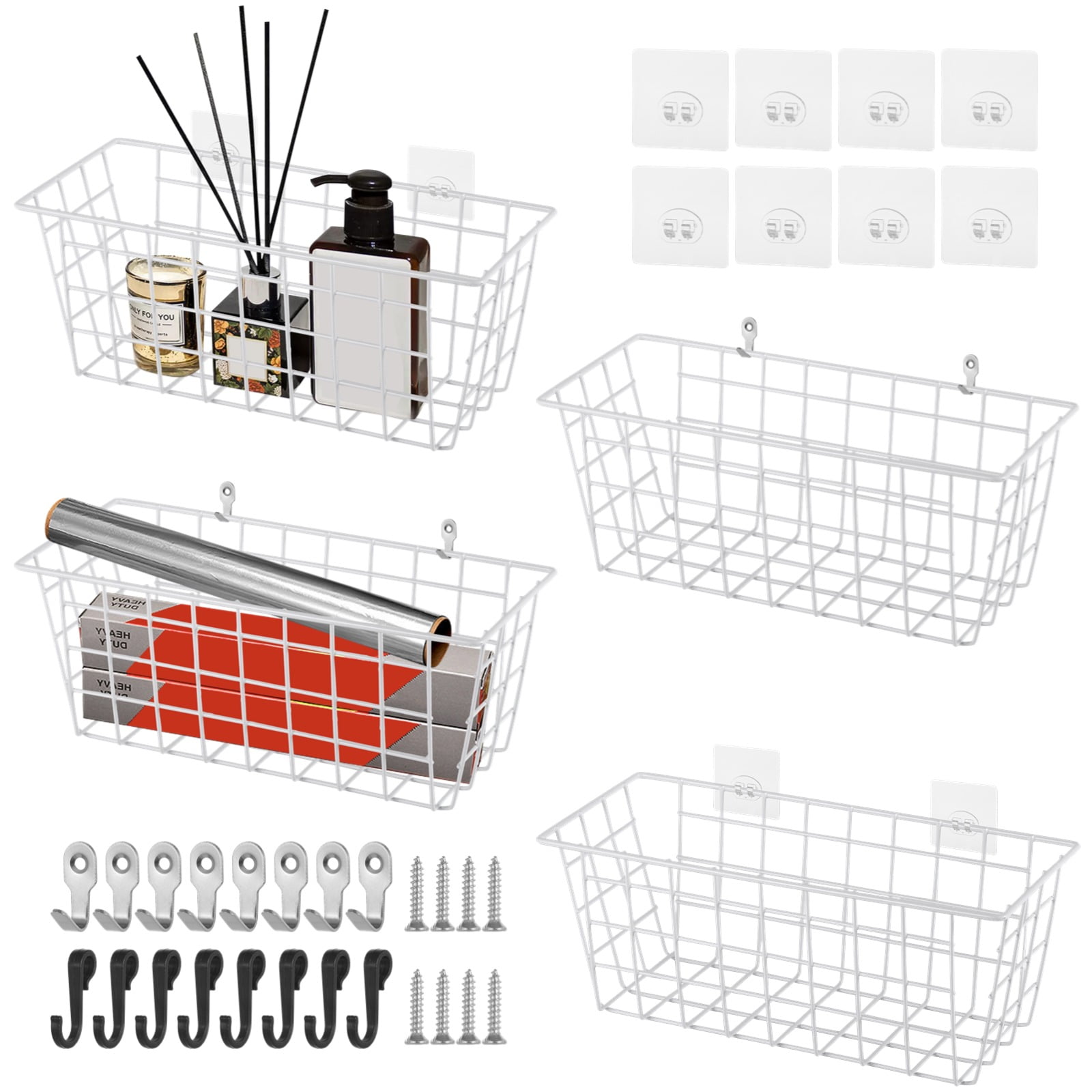 Wire Hanging Wall Basket 4PCS, Kitchen Wall Mounted Hanging Storage Basket Set for Pantry Bathroom Cabinet Organization, No Drilling Mounting