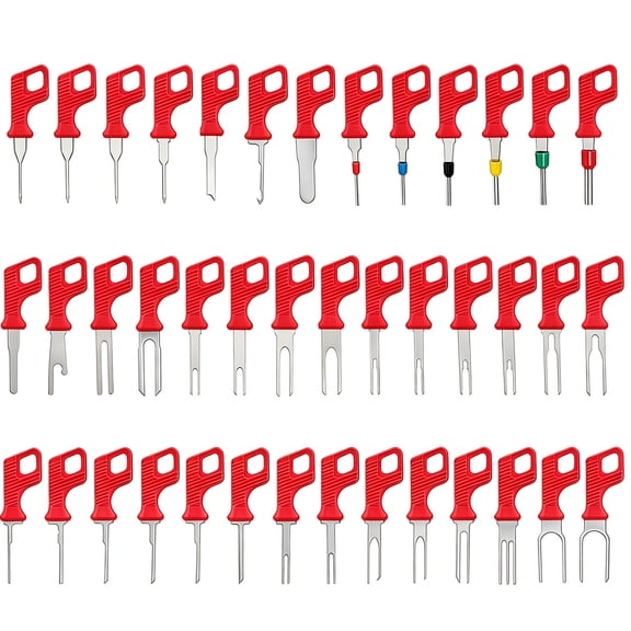 Wire Harness Depinning Tool Set with Metal Extractor Tips and Red Grip Handles for Automotive Connector Repair Tasks