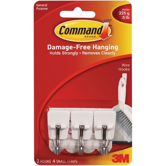 Command Small Wire Hook - White, General Purpose, 0.5 Lb Capacity - 3 Hooks, 4 Strips/Pk Indoor & Outdoor Use, NEC-Compliant