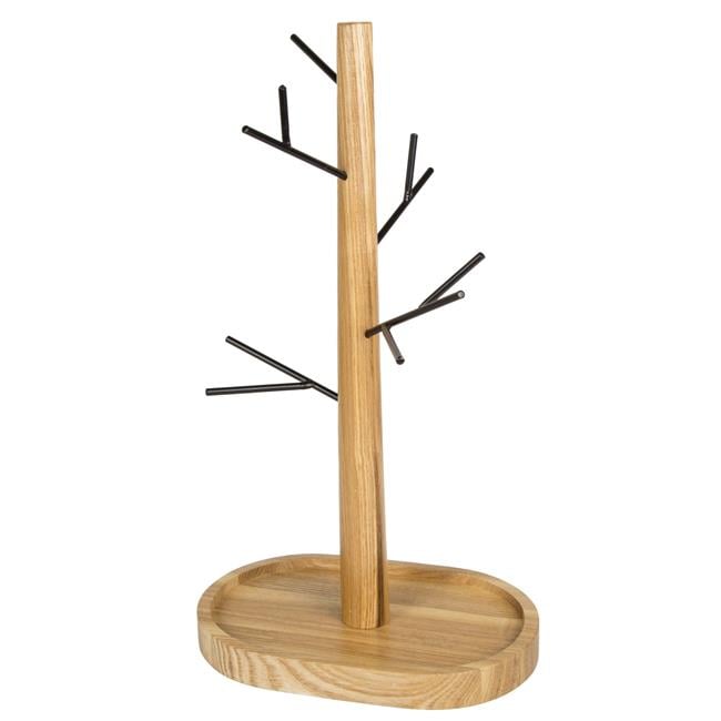 Wire Jewelry Tree Stand, Hanger Organizer with Black Painting and Acacia Wood Tray