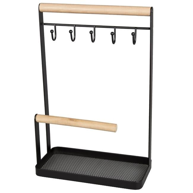 Wire Jewelry and Watch Stand, Hanger, Organizer with Black Powder Coating, Acacia Wood,