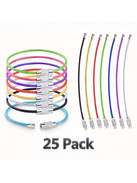 Wire Keychain Cable 25 Pack 6 Inch Stainless Steel Large Key Ring Heavy Duty Luggage Tag Loops for ID Keeper 2mm Thick Assorted Colors