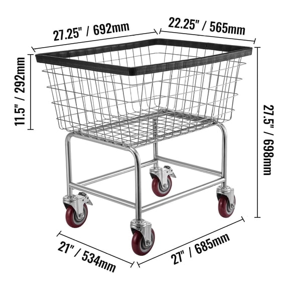 Wire Laundry Cart, 2.8 Bushel Rolling Laundry Basket with Wheels, 26.7''x21.7''x26.4'' Steel Frame Commercial Laundry Cart, 4'' Casters, Heavy Duty Wire Basket