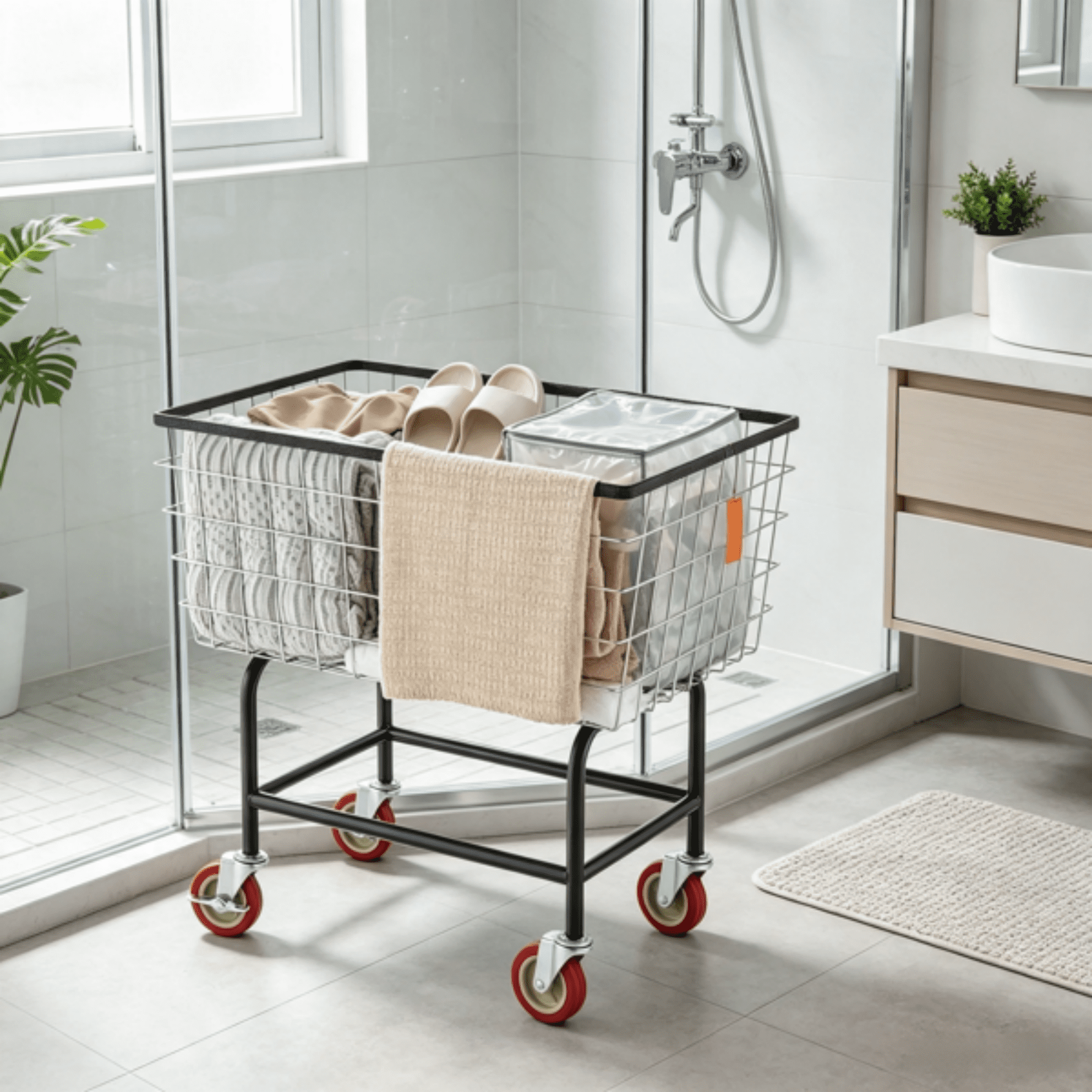 Wire Laundry Cart, 2.8 Bushel Wire Laundry Basket with Wheels, 26.7" x 21.7" x 26.4" Commercial Grade