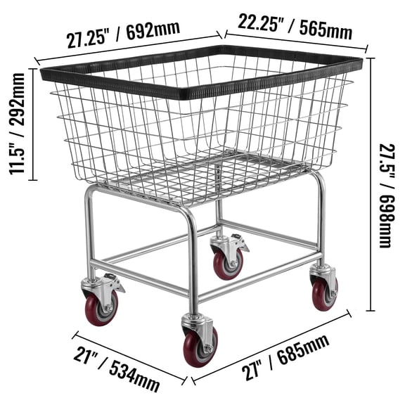 Wire Laundry Cart, 2.8Bushel Wire Laundry Basket with Wheels, 26.7''x21.7''x26.4'' Commercial Wire Laundry Basket Cart, Steel Frame with Chrome Finish, 4" Casters, Wire Basket Cart for Laundry