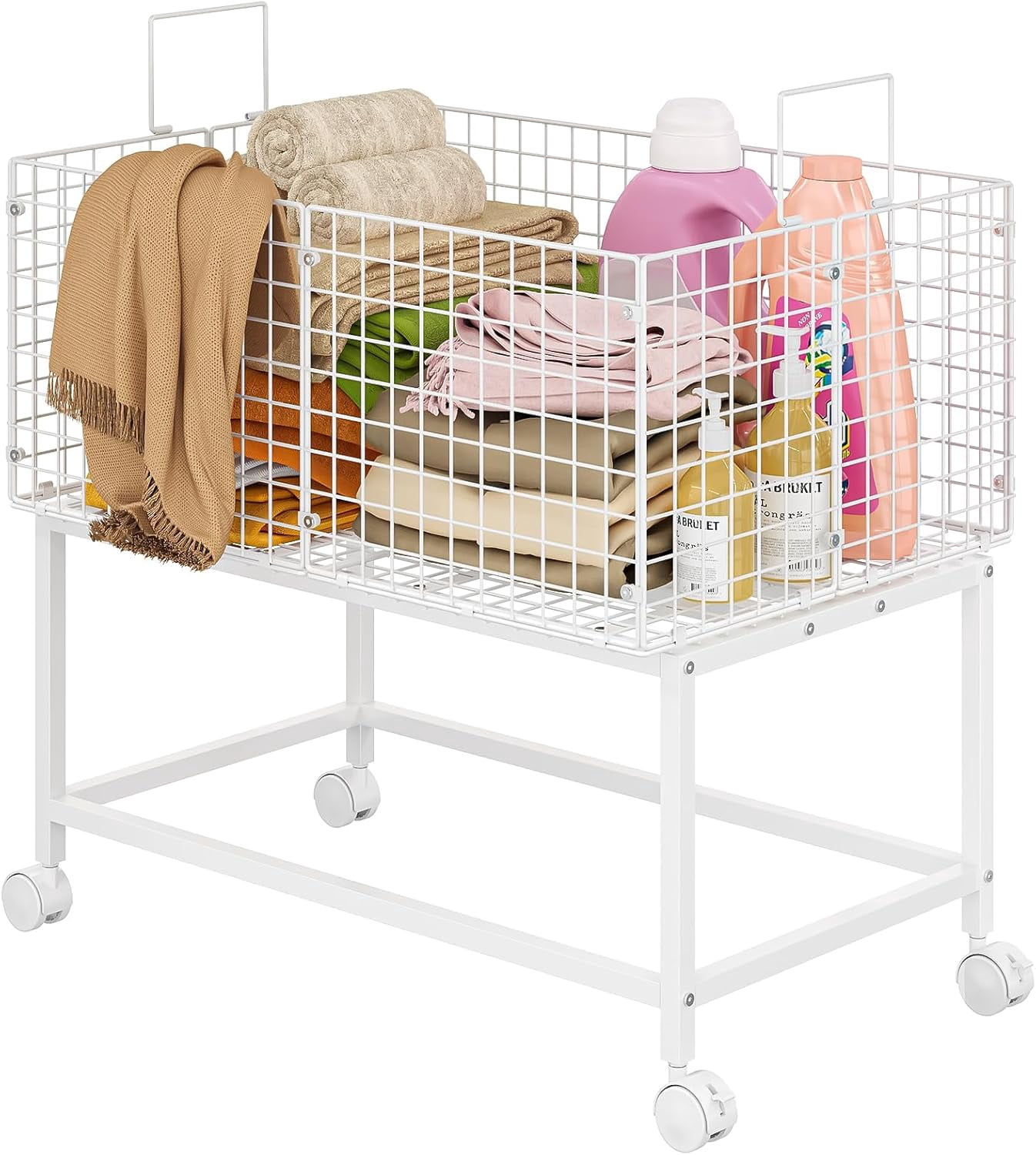 Wire Laundry Hamper Cart,80L Laundry Hamper Trolley with Pull Handle,White High Laundry Basket Cart for Laundry Room,Bathroom,Bedroom-White（23.6 * 15.75 * 28inch）