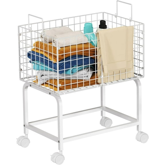 Wire Laundry Hamper Cart,80L Trolley with Pull Handle,White High Basket Cart for Room,Bathroom,Bedroom-White23.6 * 15.75 28inch
