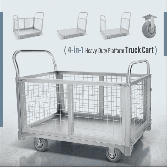 Wire Mesh Cage Cart, Heavy Duty Folding Metal Utility Cart with 2200 lbs Capacity for Warehouse, Silver