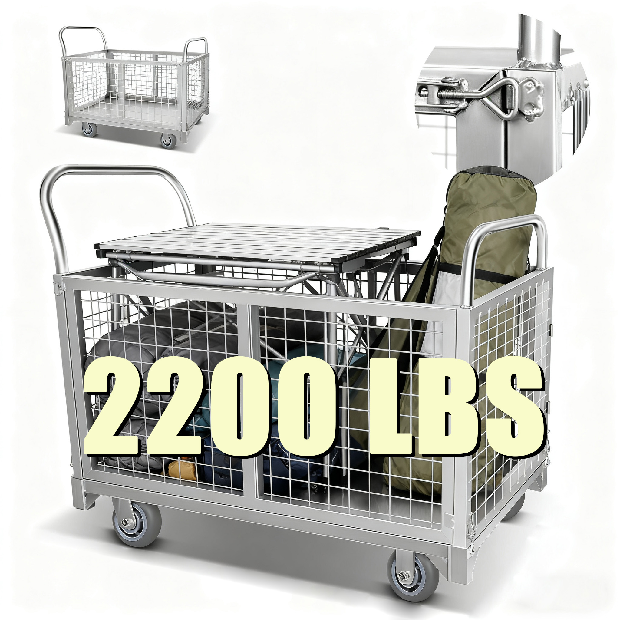 Wire Mesh Cage Cart, Portable Platform Cart, Heavy Duty Hand Truck with Cage, Silvery, Metal Cart 40''x23''x38'' Size, Load 2200LBS, 4 Swivel Casters for Warehouse, Groceries, Moving