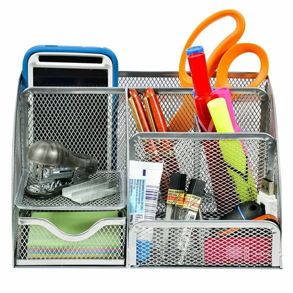 Wire Mesh Desk Organizer 6 Compartment with Additional Drawer, Silver