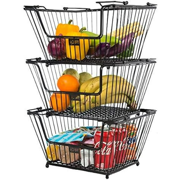 Wire Metal Basket Kitchen Stackable Storage Bin Baskets Cubby Bins for Grocery Food Home Store Market Snack Fruit Toys Vegetable Onion Laundry Room Office Pantry Farmhouse Black 3pcs Set