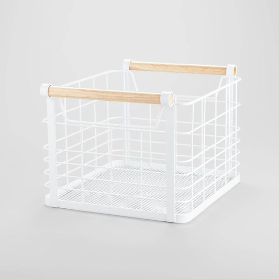 Wire Natural Wood Handles Milk Crate - Powder -Coated Metal Storage Basket with Handles
