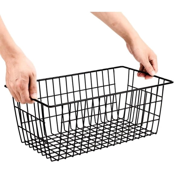 TNSM Small Wire Storage Baskets with Heavy Duty Handles, Black Durable Metal Organizer for Fridge, Bathroom, Office, Pantry, Shelves, 1 Pack
