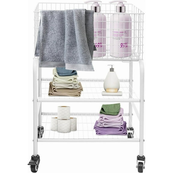 Wire Rolling Laundry Baskets with Wheels, 3 Tier Garment Storage Cart, Wire Laundry Cart, 66lbs Load Capacity, Garment Metal Rack for Clothes Wash and Dry Sort (White)