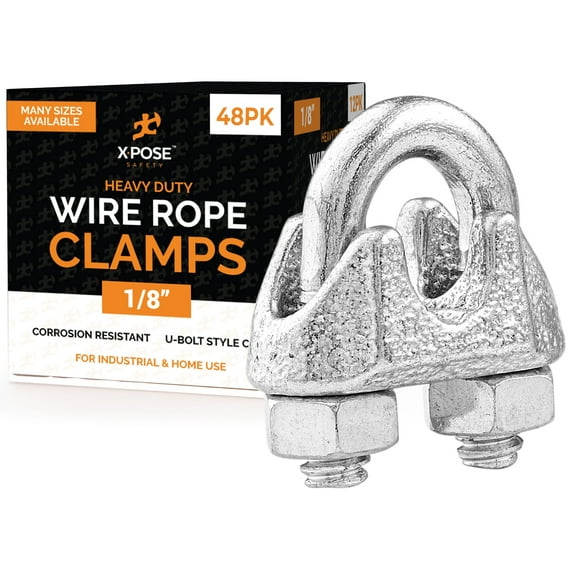 Wire Rope Clamp for Stainless Steel Wire Rope - 1/8" Galvanized U Bolt Style Cable Clips - for Guy Line, Metal Fence, Antenna, Clothesline, Rigging Hardware, Batting Cage - by Xpose Safety Pack of 48