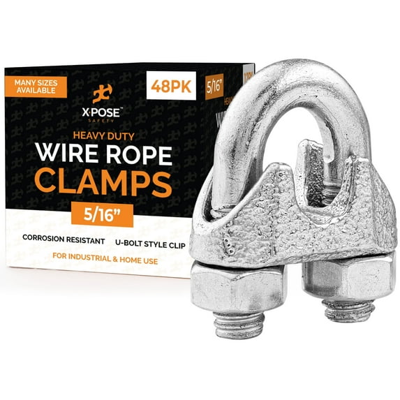 Wire Rope Clamp for Stainless Steel Wire Rope - 5/16" Galvanized U Bolt Style Cable Clips - For Guy Line, Metal Fence, Antenna, Clothesline, Rigging Hardware, Batting Cage - by Xpose Safety Pack of 48
