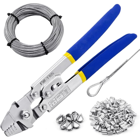 Wire Rope Crimping Tool with Built-in , Hand Swaging Tool with 66FT/20M 1/16'' Wire, 200 count Double Barrel Ferrule Crimping Loop Sleeve and 12 count Stainless Thimble