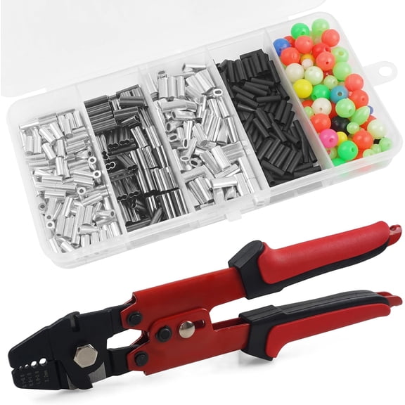 Wire Rope Crimping Tool with Cutter + 500pcs Crimp Sleeves Set Effort-Saving Fishing Crimping Pliers Stainless Steel Fishing Wire Crimper Tool, 4 Size Crimp Sleeves Fishing Tackle Pliers